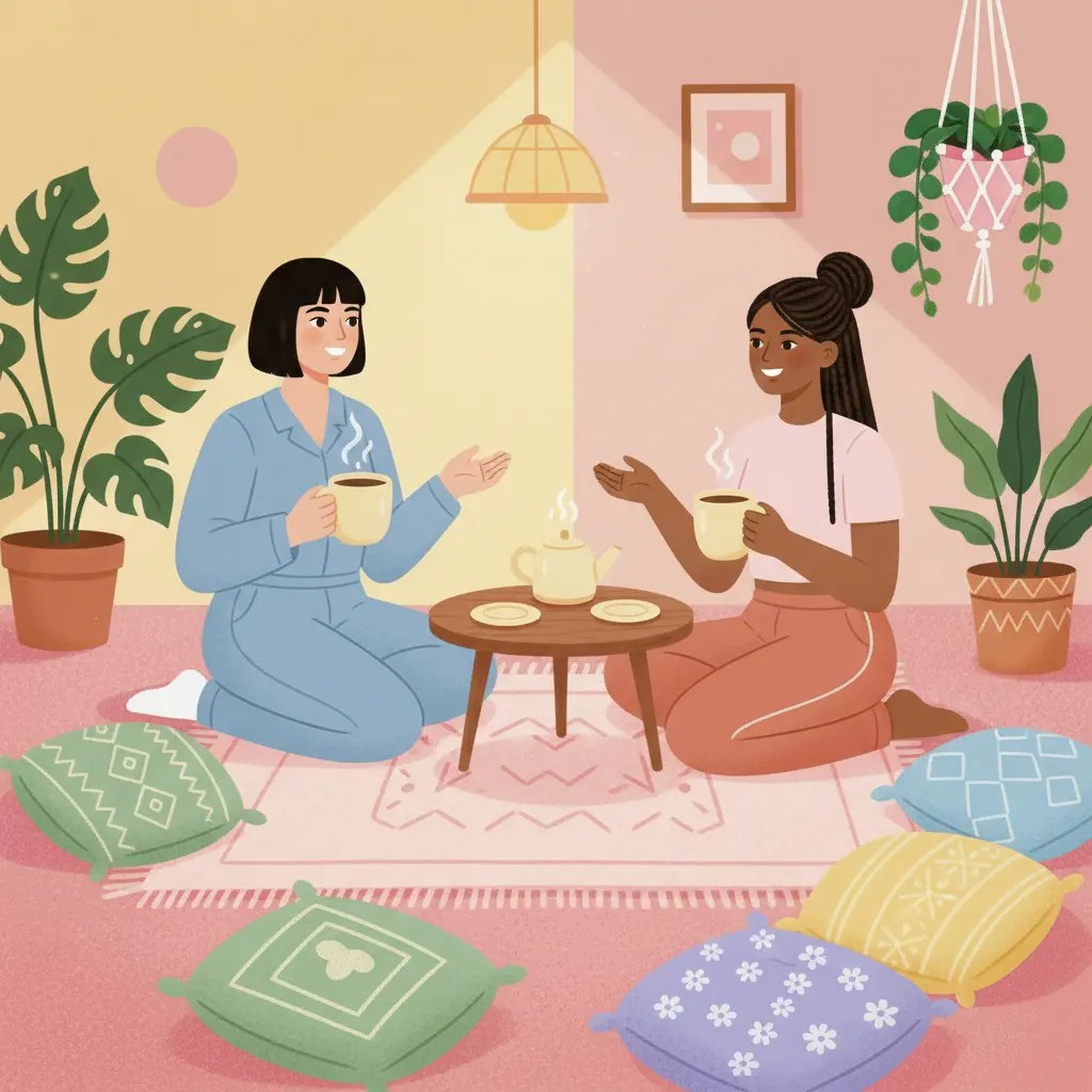 A warm, editorial illustration of women sharing tea and conversation