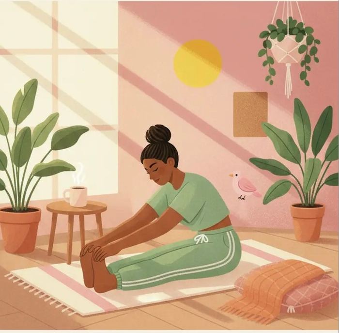 Illustration of a woman stretching calmly at home