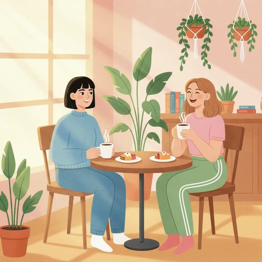 Illustration of two women chatting over coffee