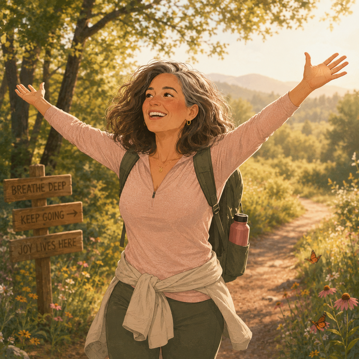 A woman walking a sunlit trail with her arms raised, past wooden signs reading Breathe Deep, Keep Going, Joy Lives Here
