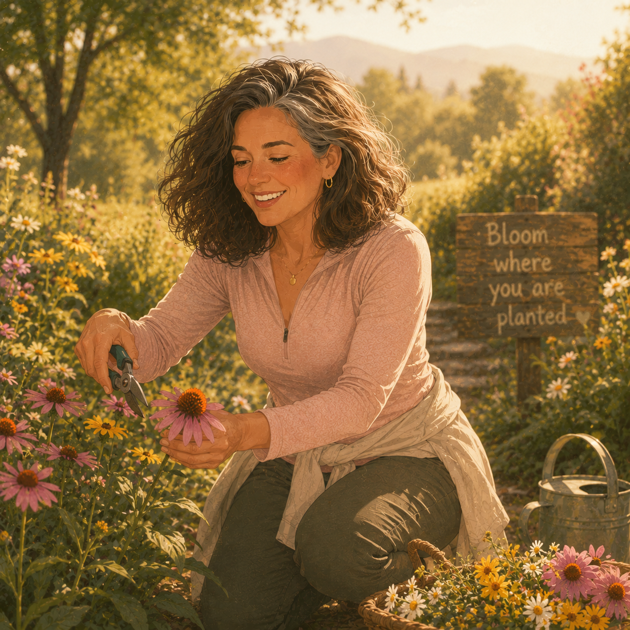 Illustration of a woman gardening among flowers